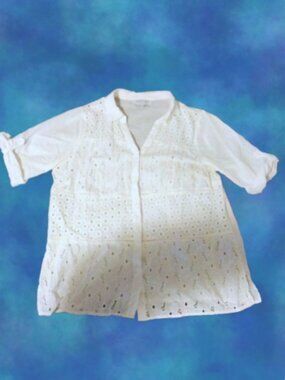 August Silk White Embroidered Eyelet Button Up Shirt Plus 1X Cottagecore Coastal